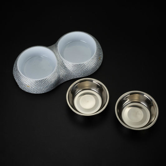KFX-3812029 Rhinestone-Embellished Stainless Steel Double Dog Bowl - Silver 28x15.5x5cm