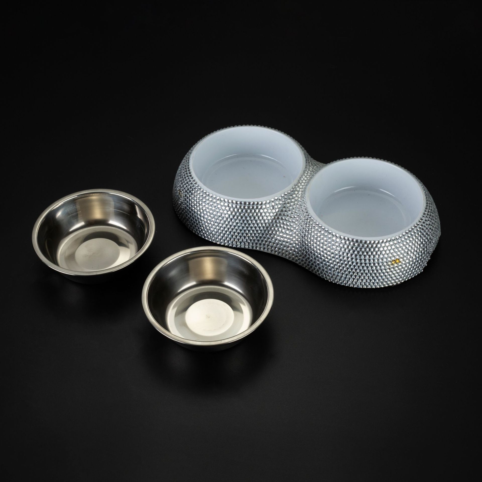 KFX-3812029 Rhinestone-Embellished Stainless Steel Double Dog Bowl - Silver 28x15.5x5cm