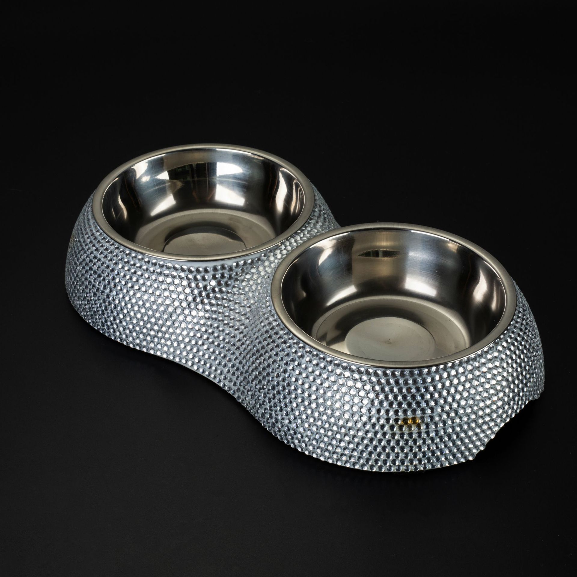 KFX-3812029 Rhinestone-Embellished Stainless Steel Double Dog Bowl - Silver 28x15.5x5cm