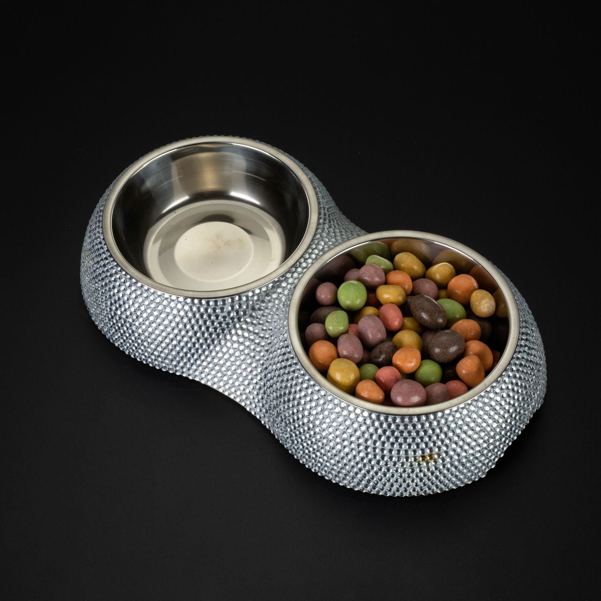 KFX-3812029 Rhinestone-Embellished Stainless Steel Double Dog Bowl - Silver 28x15.5x5cm