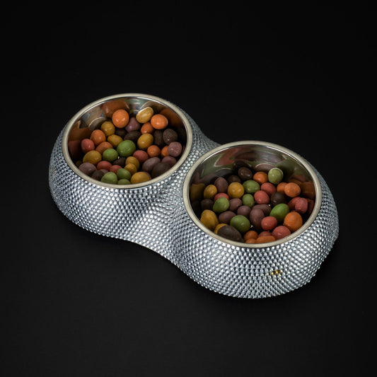KFX-3812029 Rhinestone-Embellished Stainless Steel Double Dog Bowl - Silver 28x15.5x5cm