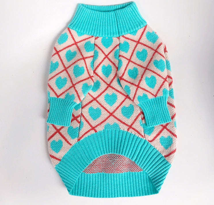 KFX-3815613 Warm Stretchy Dog Sweater with Diamond Heart Jacquard Design for Pugs, Bulldogs, and Bichons