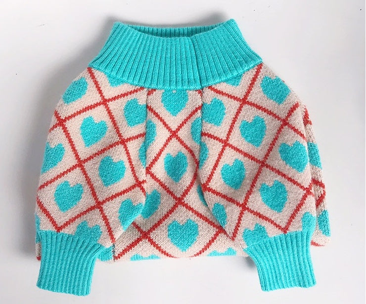 KFX-3815613 Warm Stretchy Dog Sweater with Diamond Heart Jacquard Design for Pugs, Bulldogs, and Bichons