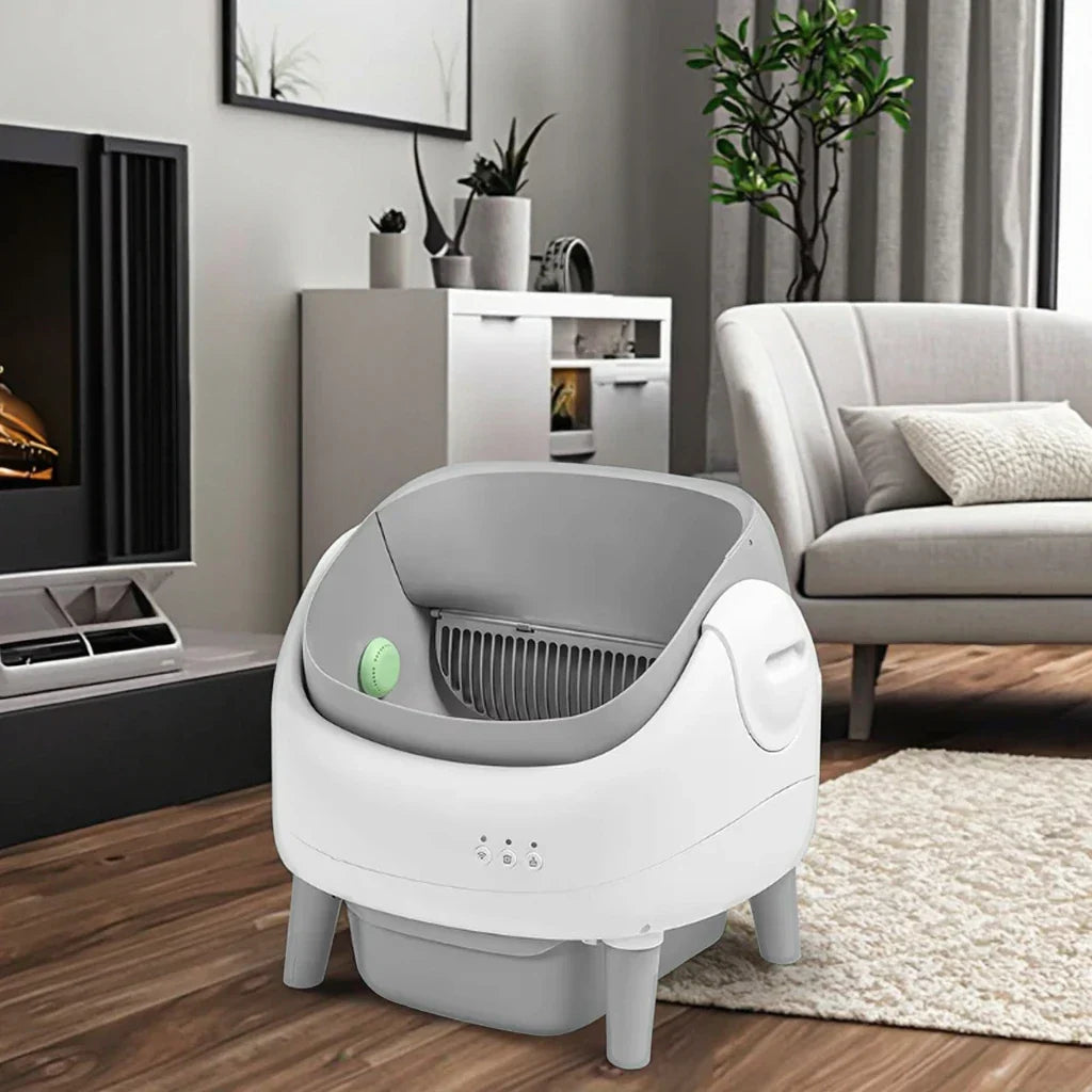 KFX-383251 Automatic Cat Litter Box with Easy Clean Feature, Travel Tray for Cats and Kittens, Large Capacity Plastic Design