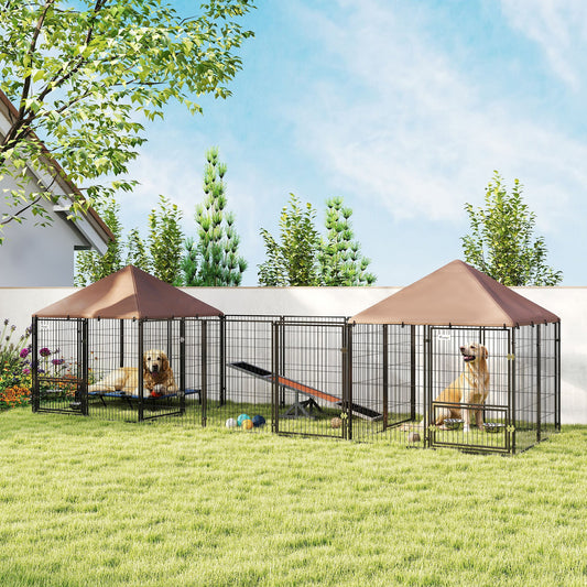 KFX-3832765 Spacious Outdoor Dog Kennel with Dual Rooms, Adjustable Bowl Rack, and Waterproof Canopy