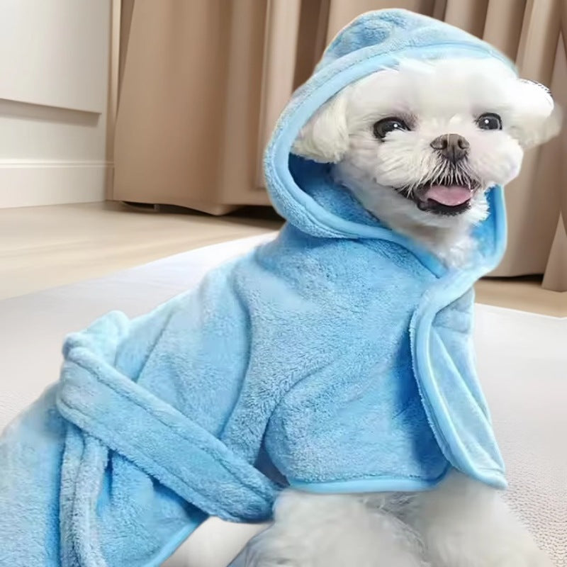 KFX-3835709 Soft and Thick Coral Fleece Dog Bath Towel - Wearable Bathrobe in Blue, Yellow, Pink, or White