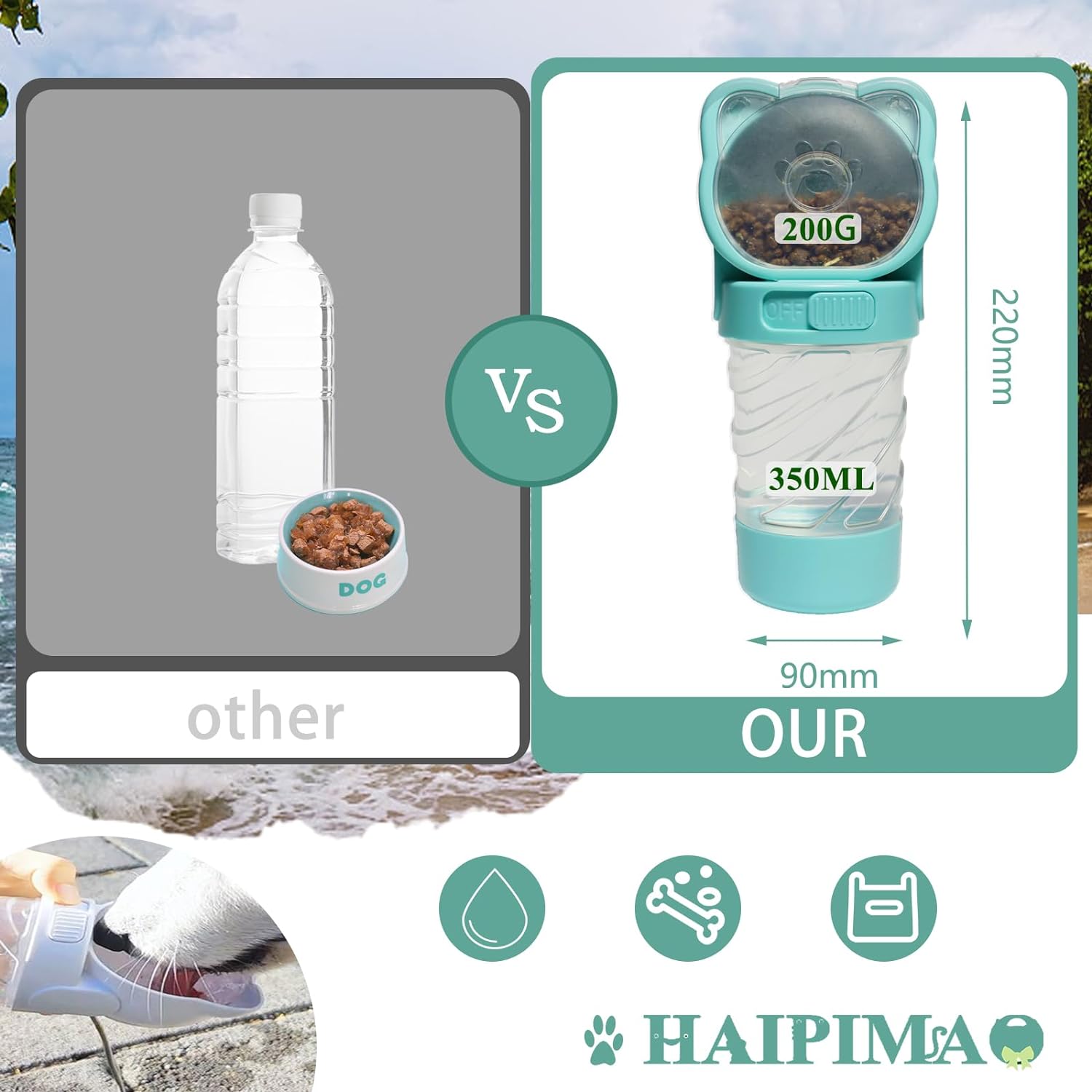 KFX-3836349 3-in-1 Portable Pet Water Bottle with Food Container and Waste Bag Dispenser for Dogs and Cats