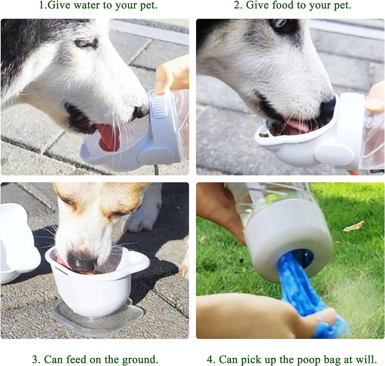 KFX-3836349 3-in-1 Portable Pet Water Bottle with Food Container and Waste Bag Dispenser for Dogs and Cats