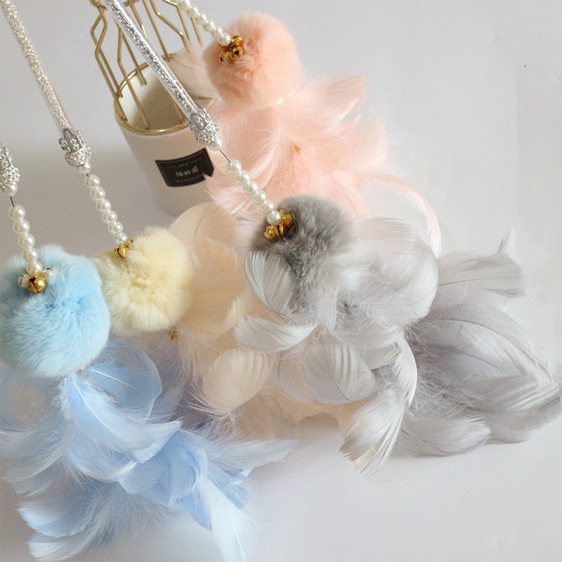 KFX-3839677 Cat Toy Stick with Bell, Feather Tassel & Bite Resistant Fur Ball - Multiple Colors Available