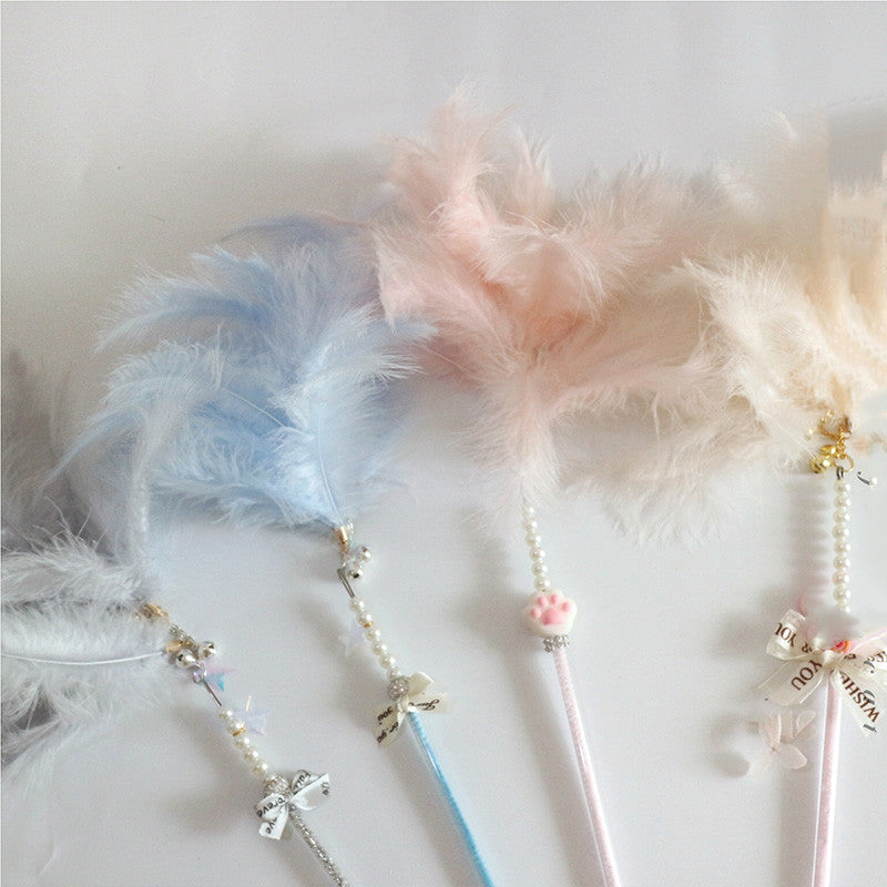 KFX-3839677 Cat Toy Stick with Bell, Feather Tassel & Bite Resistant Fur Ball - Multiple Colors Available
