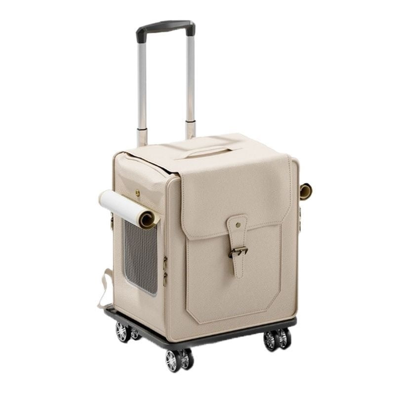 KFX-3846845 Foldable Large Capacity Cat Trolley Bag - Breathable PU Pet Carrier in Milky White & Army Green