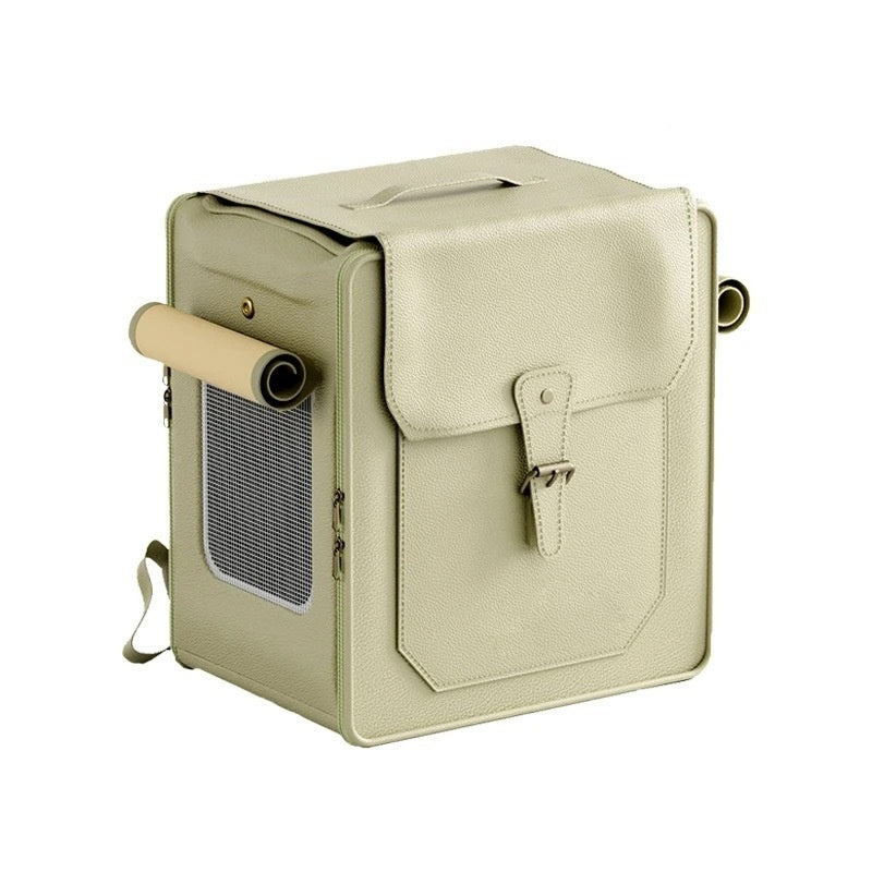 KFX-3846845 Foldable Large Capacity Cat Trolley Bag - Breathable PU Pet Carrier in Milky White & Army Green