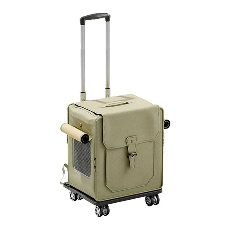 KFX-3846845 Foldable Large Capacity Cat Trolley Bag - Breathable PU Pet Carrier in Milky White & Army Green