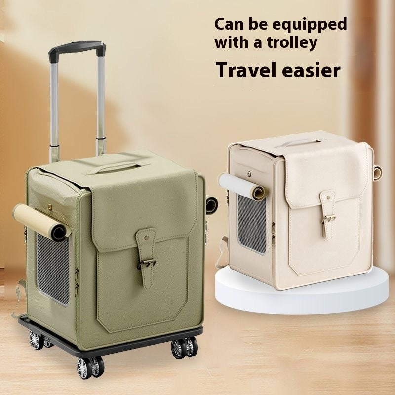 KFX-3846845 Foldable Large Capacity Cat Trolley Bag - Breathable PU Pet Carrier in Milky White & Army Green