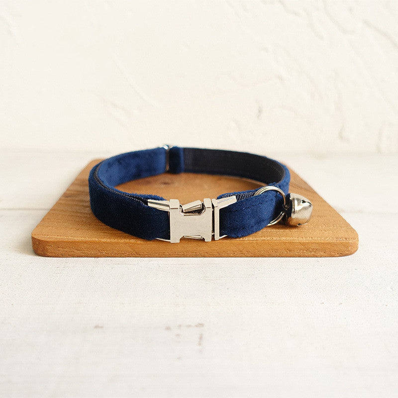 KFX-3852349 Navy Blue Double-Layer Soft Velvet Pet Collar for Cats, Size S and L