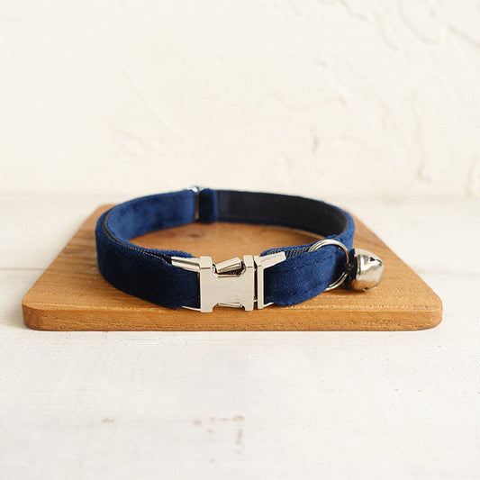 KFX-3852349 Navy Blue Double-Layer Soft Velvet Pet Collar for Cats, Size S and L