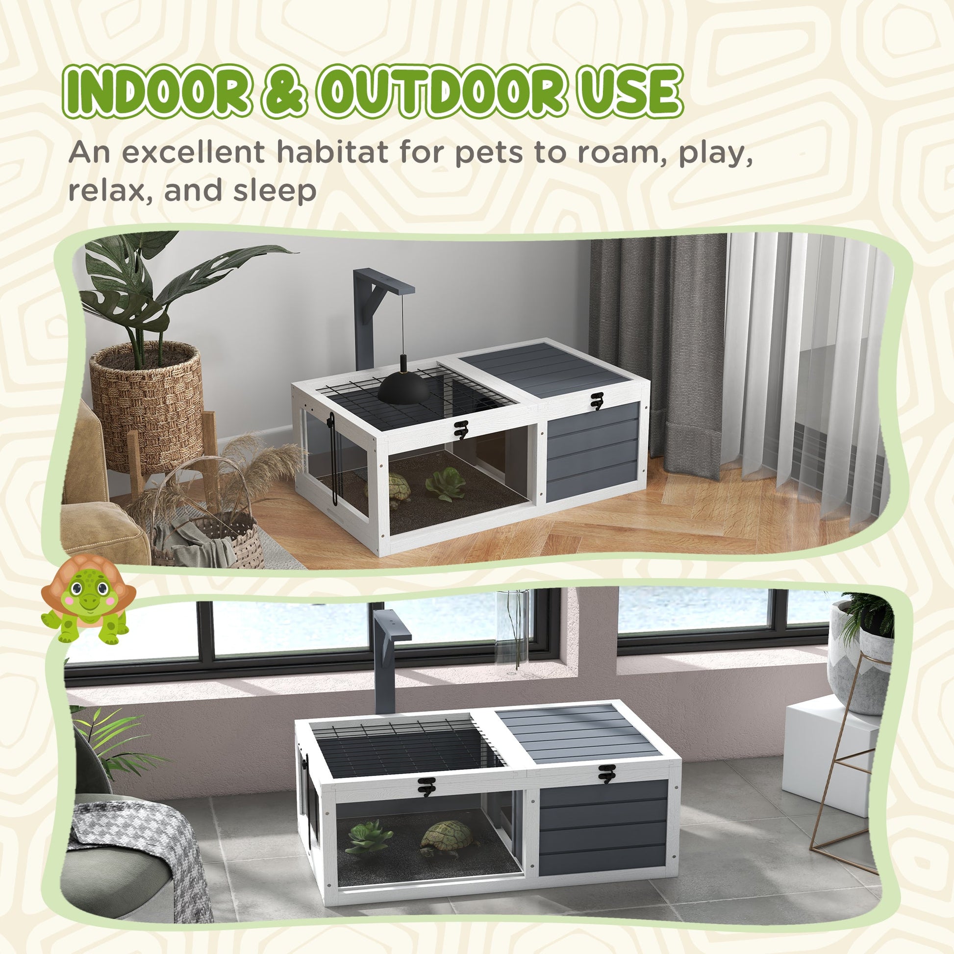 KFX-3859773 Wooden Tortoise Habitat with Lamp Holder and Easy-Clean Design, Gray