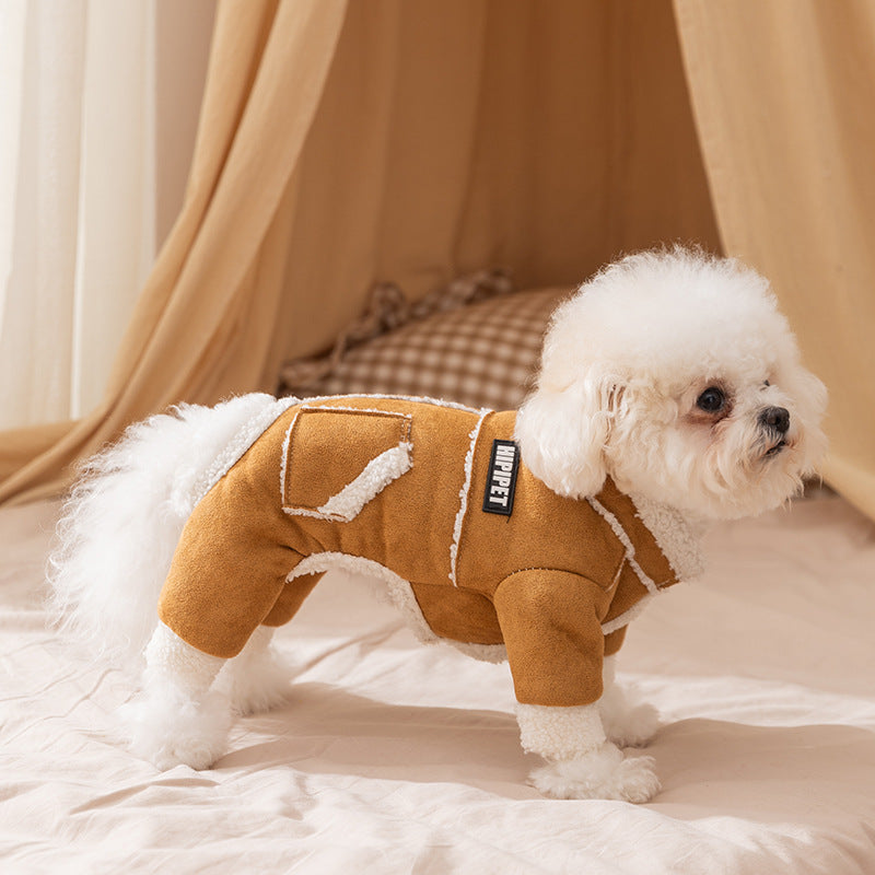 KFX-3860669 Warm Suede Sherpa Lined Pet Jumpsuit with Pockets and Leash Ring for Small Dogs