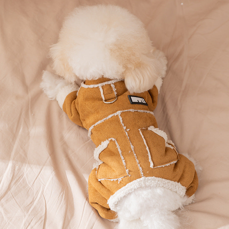 KFX-3860669 Warm Suede Sherpa Lined Pet Jumpsuit with Pockets and Leash Ring for Small Dogs