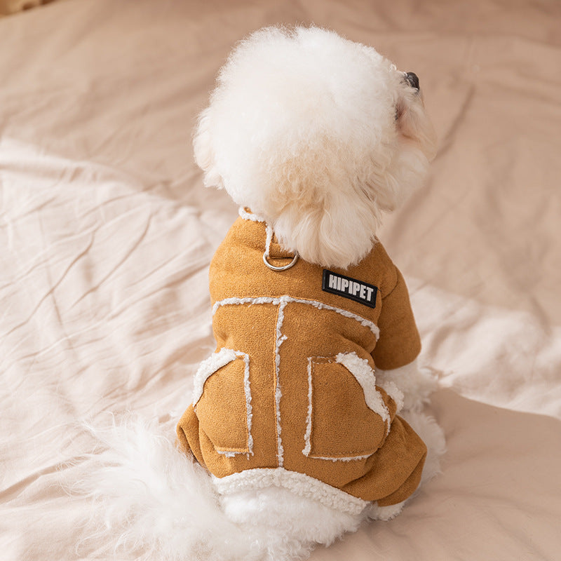 KFX-3860669 Warm Suede Sherpa Lined Pet Jumpsuit with Pockets and Leash Ring for Small Dogs