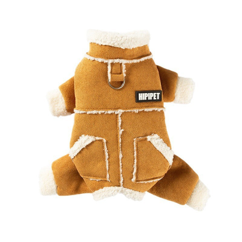 KFX-3860669 Warm Suede Sherpa Lined Pet Jumpsuit with Pockets and Leash Ring for Small Dogs