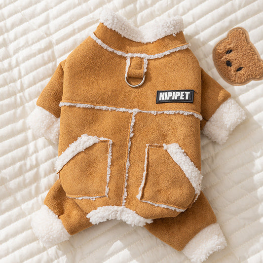 KFX-3860669 Warm Suede Sherpa Lined Pet Jumpsuit with Pockets and Leash Ring for Small Dogs