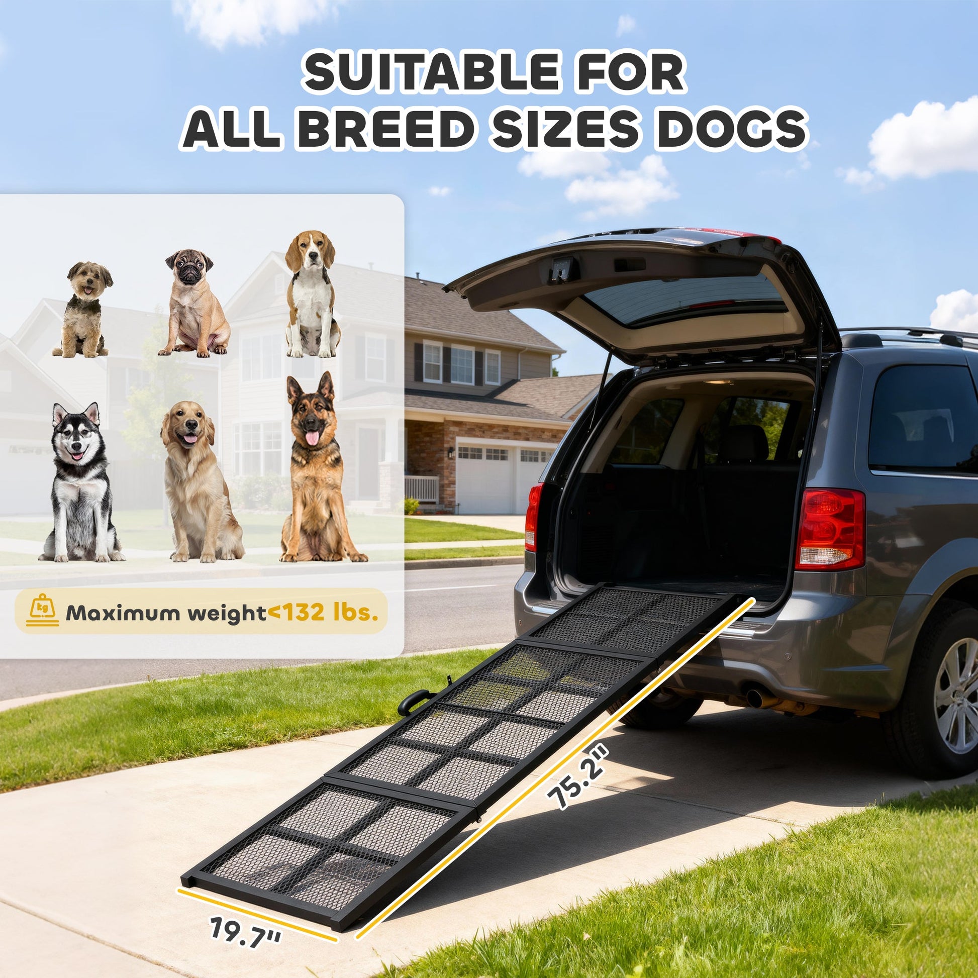 KFX-3873085 Extra Long Portable Dog Car Ramp - Non-Slip Folding Ramp for Small and Large Pets, 75" x 20"