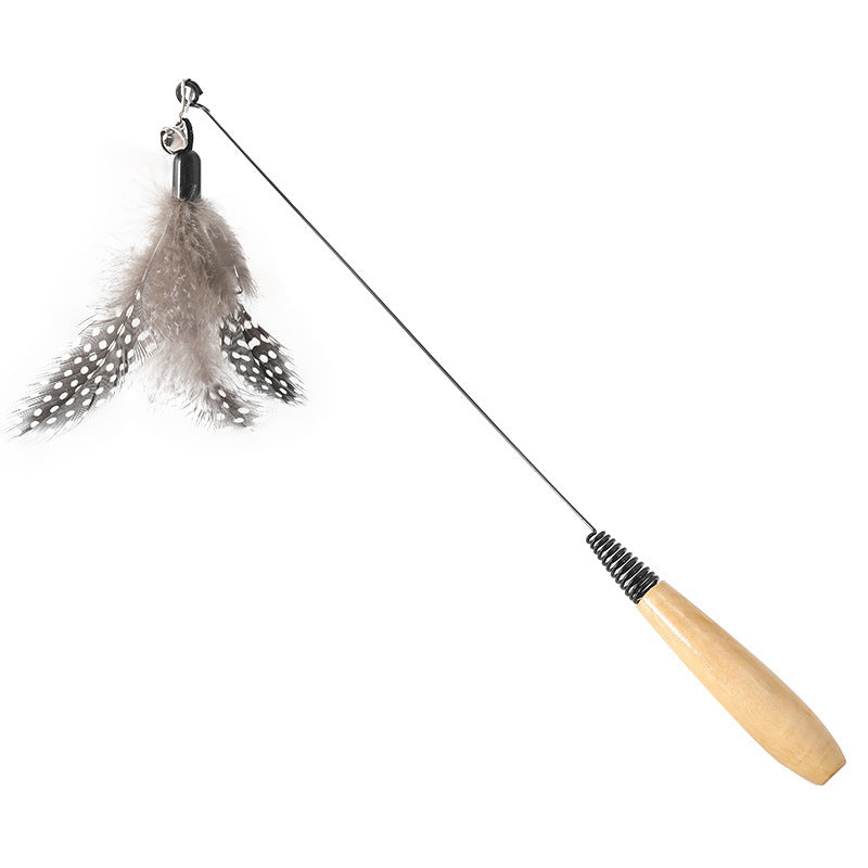 KFX-3874877 Wooden Handle Interactive Cat Teaser with Feather and Bell Replacement Head