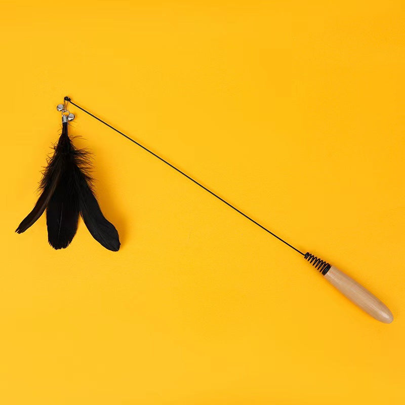 KFX-3874877 Wooden Handle Interactive Cat Teaser with Feather and Bell Replacement Head
