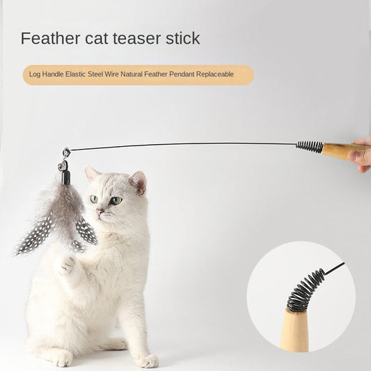 KFX-3874877 Wooden Handle Interactive Cat Teaser with Feather and Bell Replacement Head