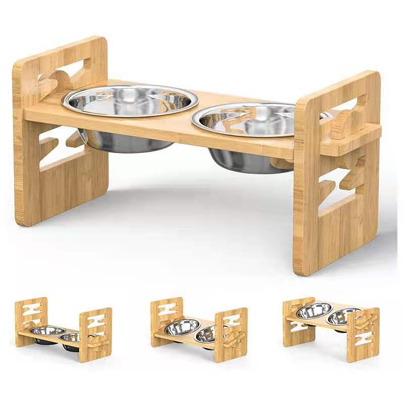 KFX-3877565 Stainless Steel Double Bowl Holder with Bamboo Stand for Cats and Dogs