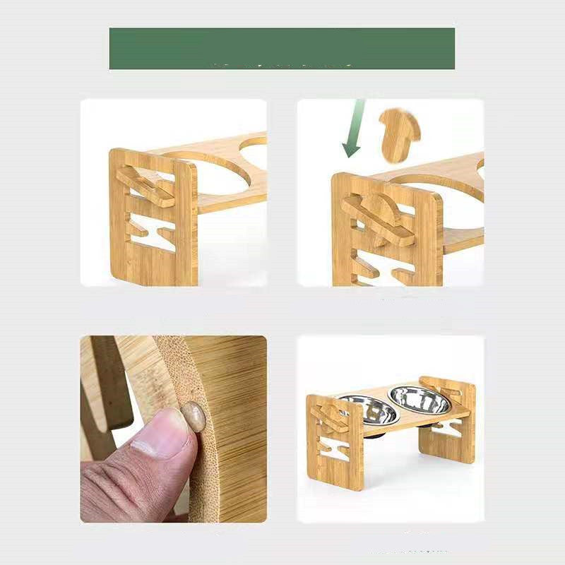 KFX-3877565 Stainless Steel Double Bowl Holder with Bamboo Stand for Cats and Dogs