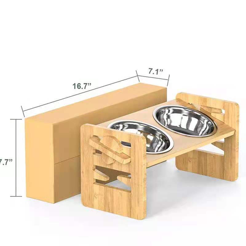 KFX-3877565 Stainless Steel Double Bowl Holder with Bamboo Stand for Cats and Dogs