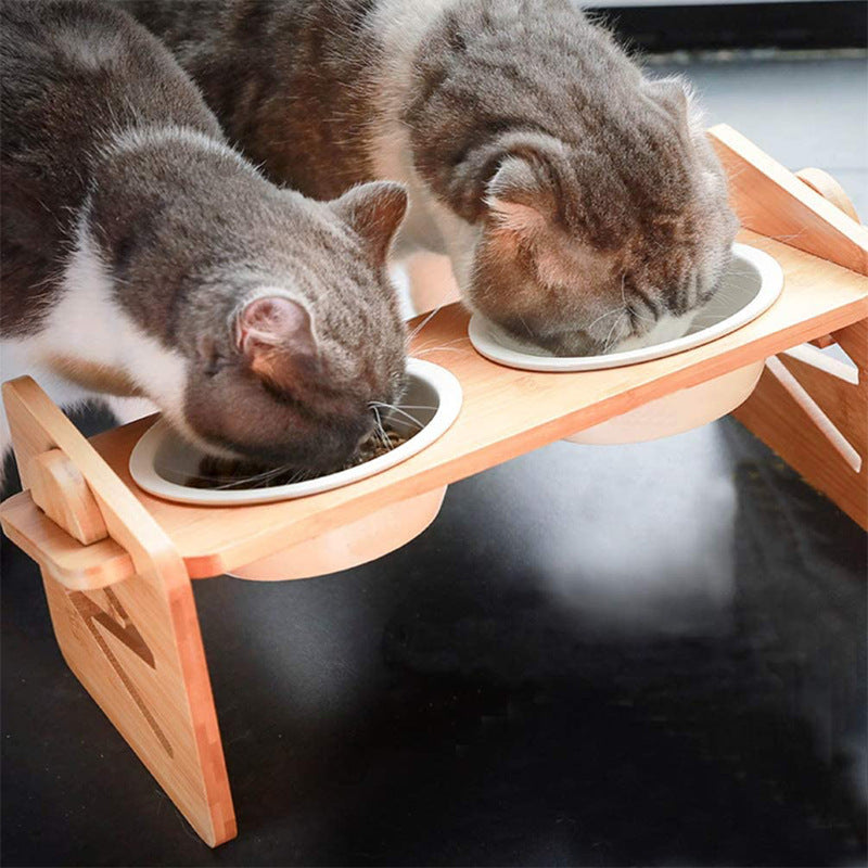 KFX-3877565 Stainless Steel Double Bowl Holder with Bamboo Stand for Cats and Dogs