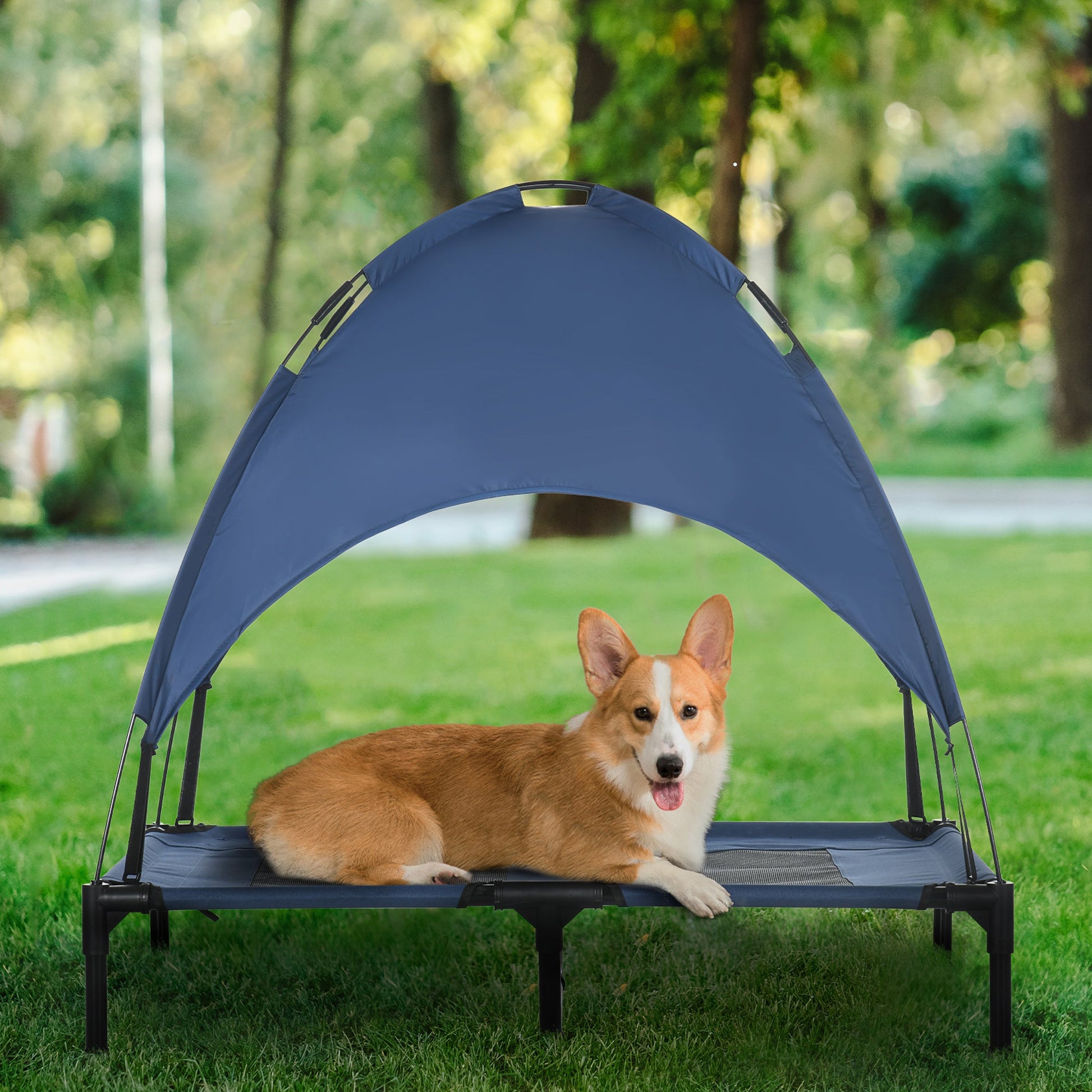 KFX-3881789 Elevated Dog Cot with UV Protection Canopy Shade - 36 Inch, Dark Blue