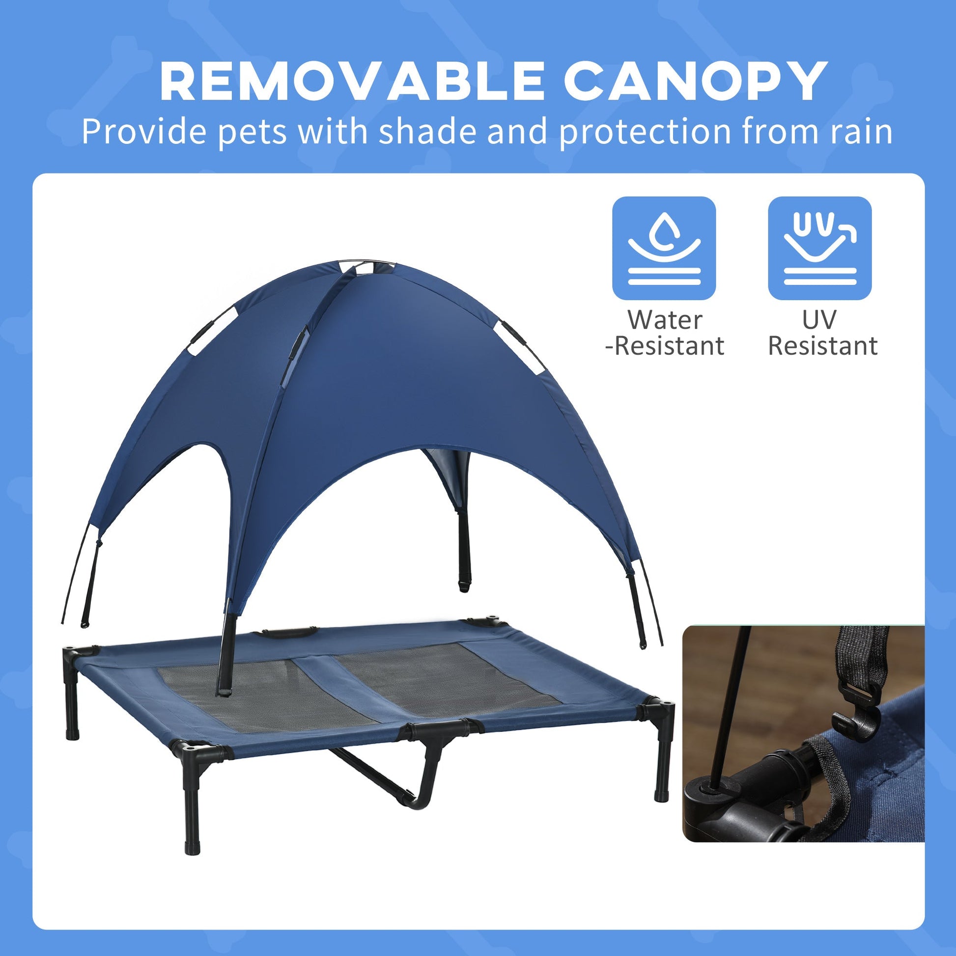 KFX-3881789 Elevated Dog Cot with UV Protection Canopy Shade - 36 Inch, Dark Blue