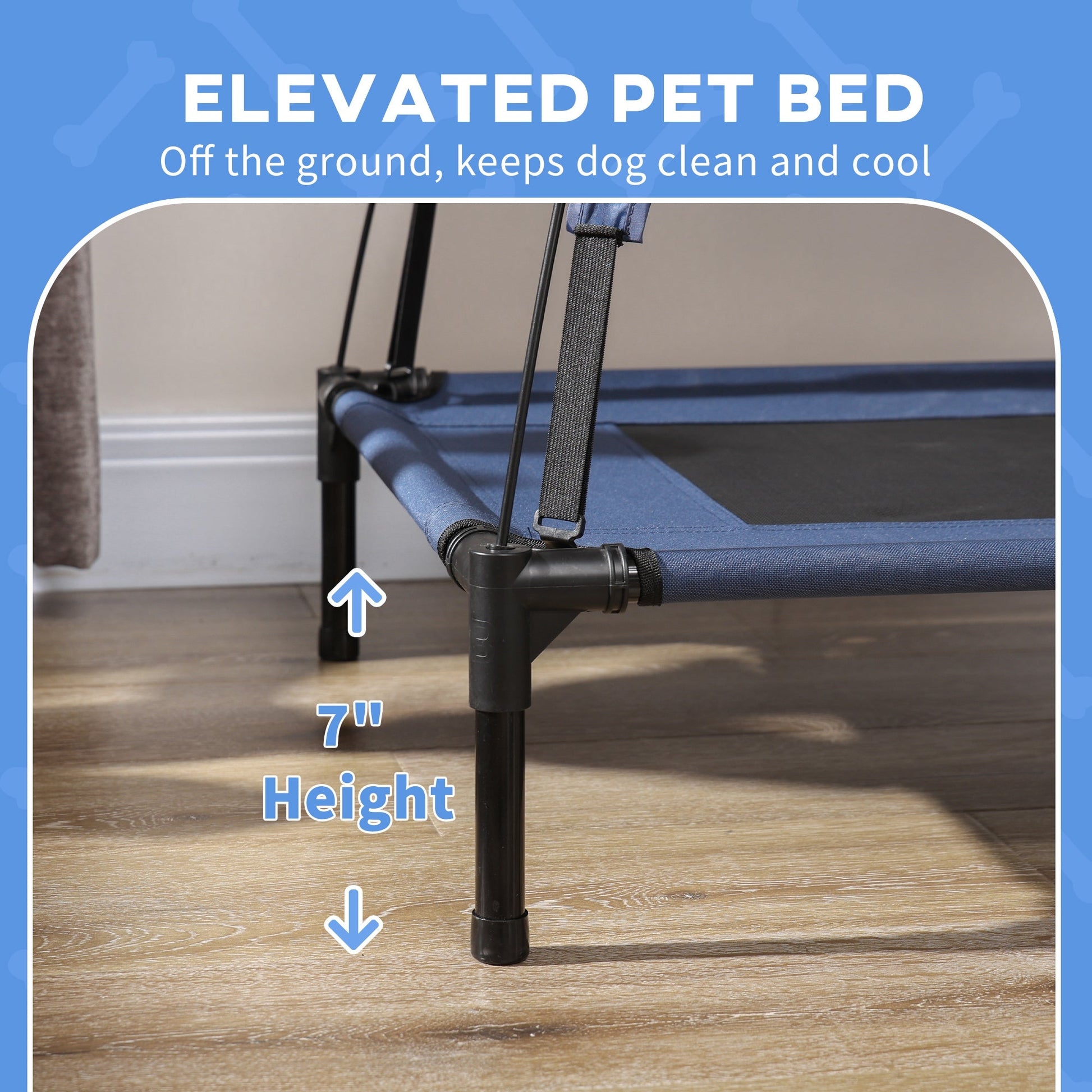 KFX-3881789 Elevated Dog Cot with UV Protection Canopy Shade - 36 Inch, Dark Blue