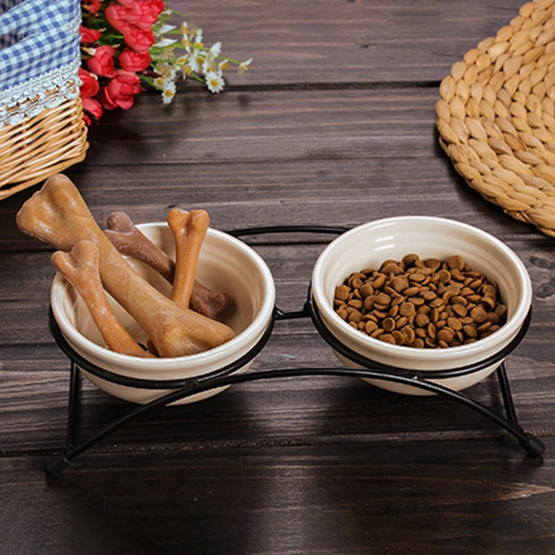 KFX-3883325 Ceramic Dual Purpose Pet Bowl with Iron Frame for Food and Water