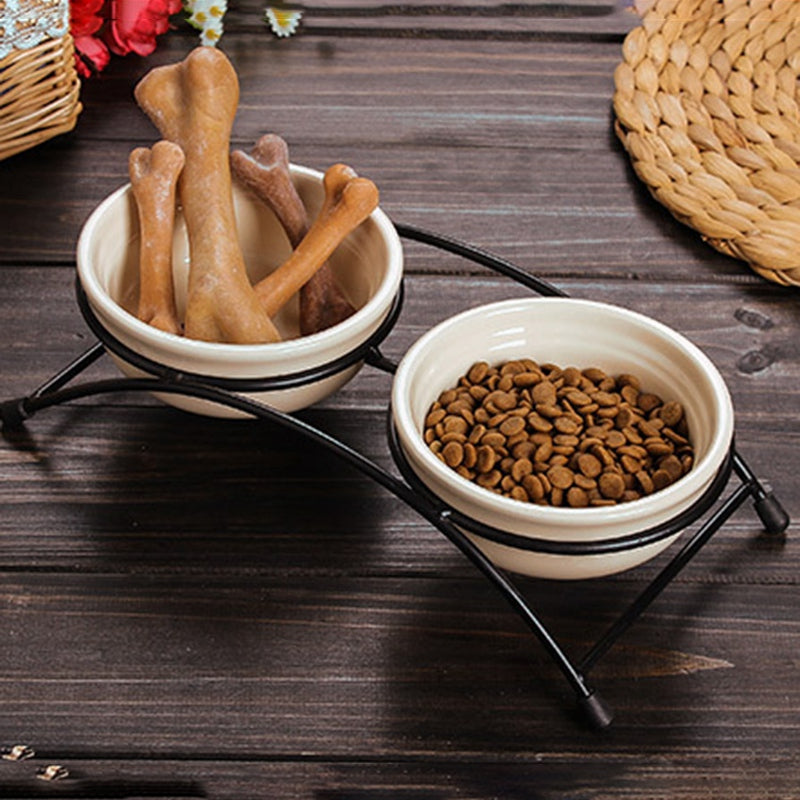 KFX-3883325 Ceramic Dual Purpose Pet Bowl with Iron Frame for Food and Water