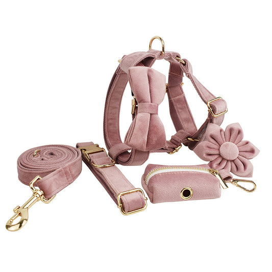 KFX-3884605 Light Purple Velvet Dog Collar with Bow and Floral Accessories for Pets