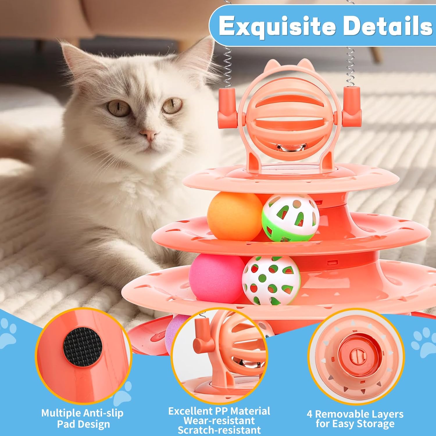 KFX-3886397 Interactive 4-Tier Cat Puzzle Toy with Balls and Teasers for Indoor Cats