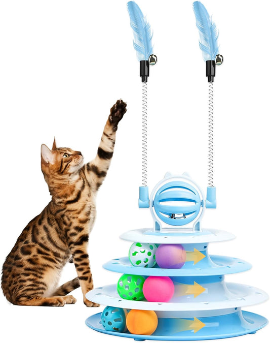 KFX-3886397 Interactive 4-Tier Cat Puzzle Toy with Balls and Teasers for Indoor Cats