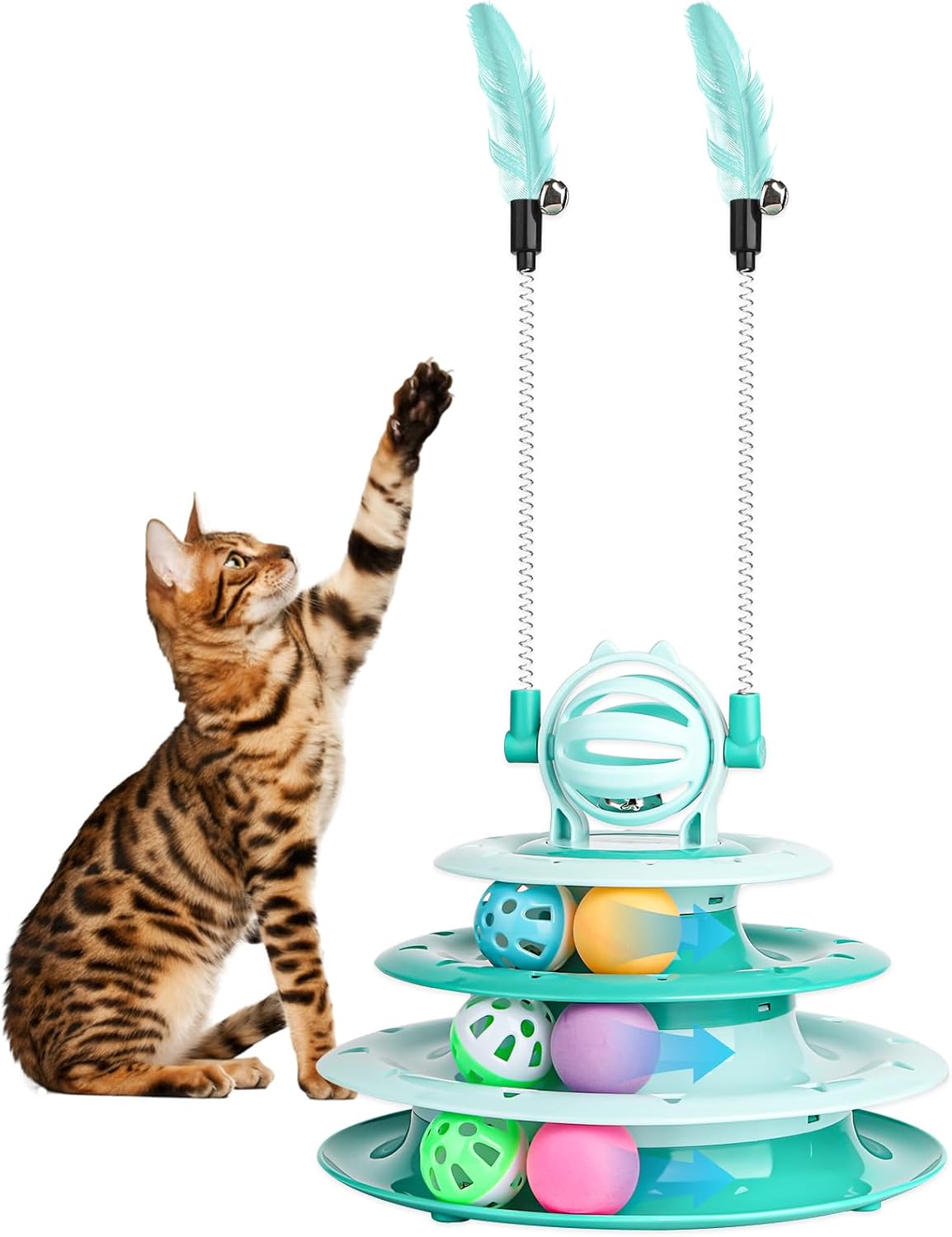 KFX-3886397 Interactive 4-Tier Cat Puzzle Toy with Balls and Teasers for Indoor Cats