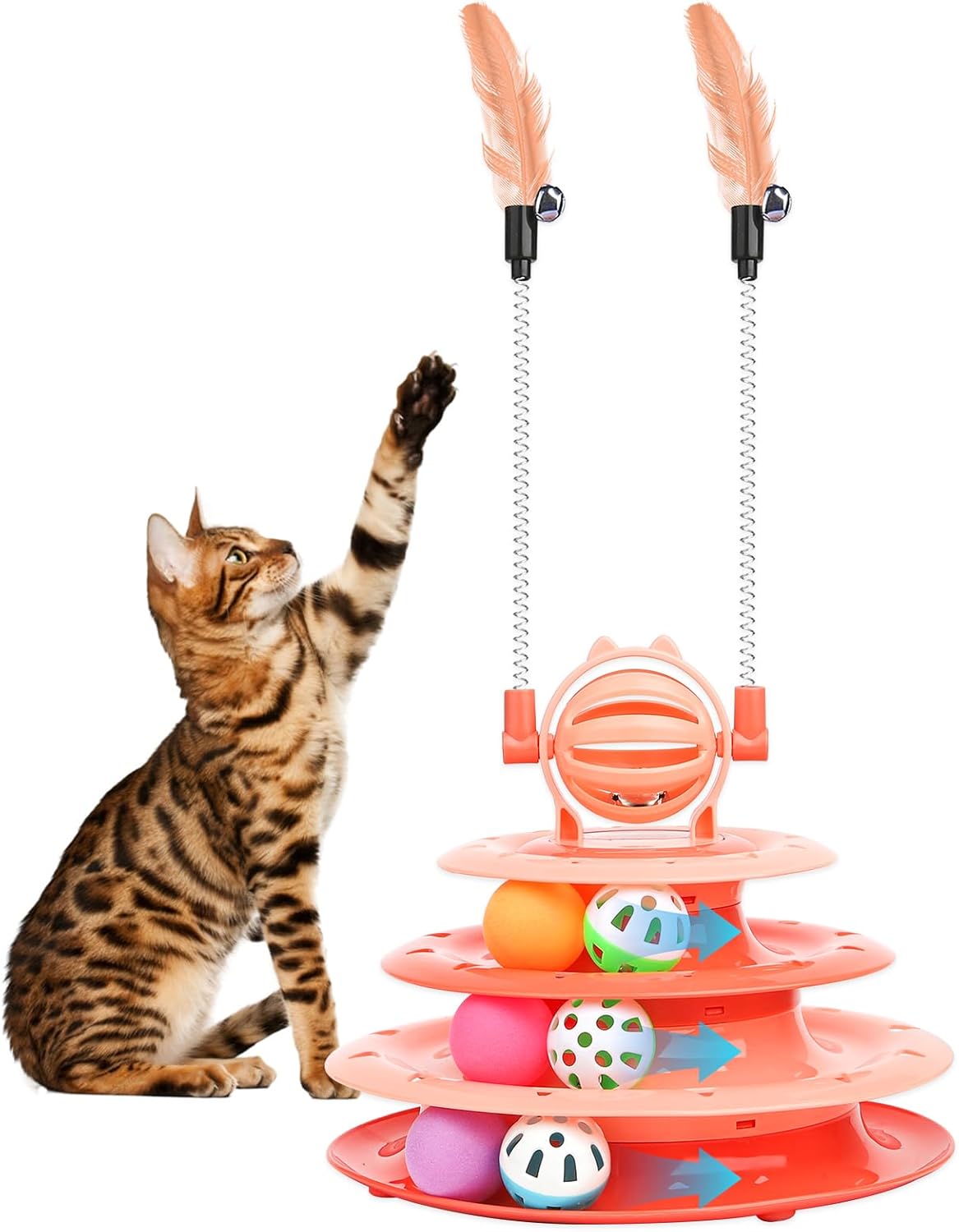 KFX-3886397 Interactive 4-Tier Cat Puzzle Toy with Balls and Teasers for Indoor Cats