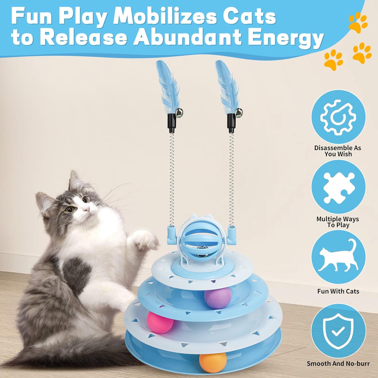 KFX-3886397 Interactive 4-Tier Cat Puzzle Toy with Balls and Teasers for Indoor Cats