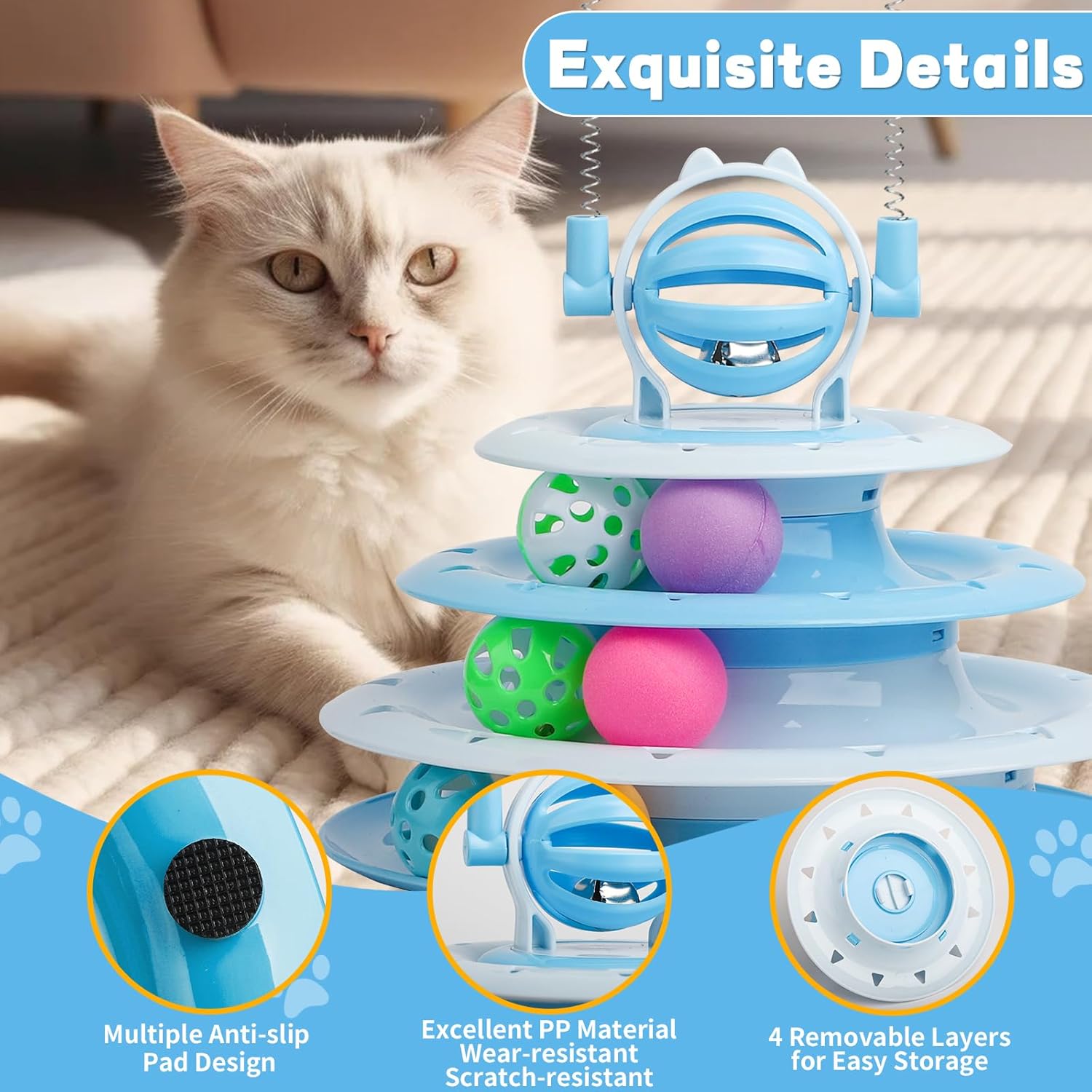 KFX-3886397 Interactive 4-Tier Cat Puzzle Toy with Balls and Teasers for Indoor Cats