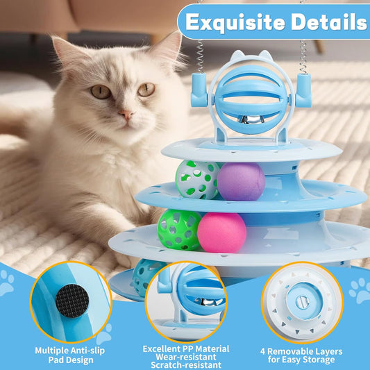 KFX-3886397 Interactive 4-Tier Cat Puzzle Toy with Balls and Teasers for Indoor Cats