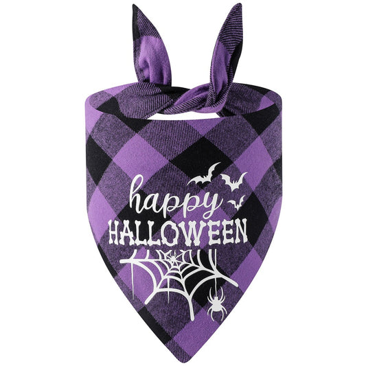 KFX-3889469 Luminous Halloween Pet Saliva Towel in Plaid Design with Pumpkin, Bat, and Castle Patterns