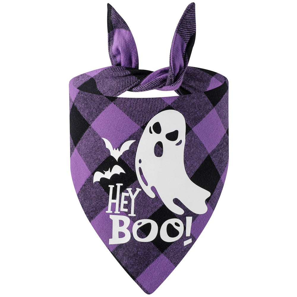 KFX-3889469 Luminous Halloween Pet Saliva Towel in Plaid Design with Pumpkin, Bat, and Castle Patterns