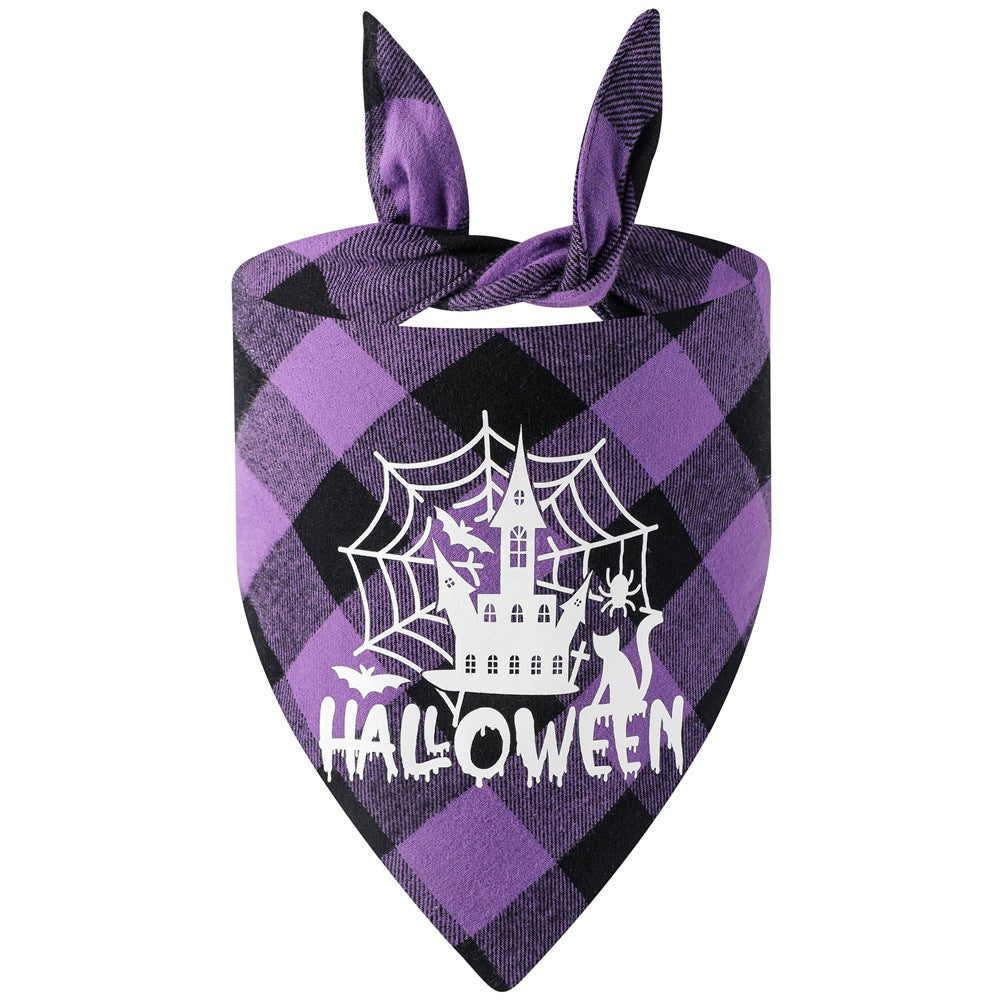 KFX-3889469 Luminous Halloween Pet Saliva Towel in Plaid Design with Pumpkin, Bat, and Castle Patterns